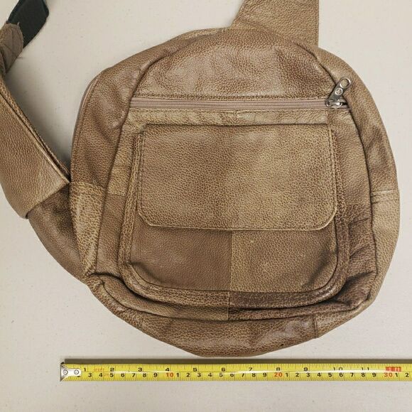 Genuine Leather Crossbody Sling Backpack Unisex Brown Multi Pocket - Picture 12 of 13